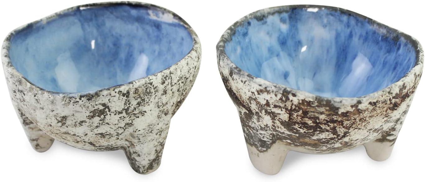 Clovise: Artisan Crafted Blue-Gray Ceramic Dip | Suace Molcajete Bowls, 3-Legged Stoneware 4-Inch Diameter, Set of 2