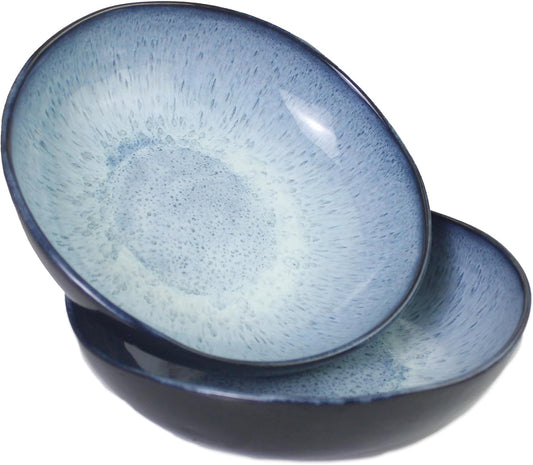 Clovise: Ceramic Low Bowls, 7-inch Reactive Blue and Glossy Black, Set of 2